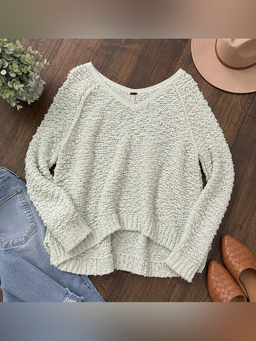 Free People Songbird Sweater Mint Green Textured Knit Pullover Size S/P